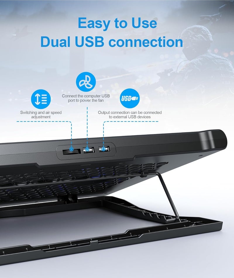 MOKURU Laptop Cooling Pad Stand, Laptop Cooler with 2 Silent Fans for 10-15.6 Inch Laptops,6 Levels of Height Adjustable Wind Speed with 2 USB Ports (Black) - Image 5